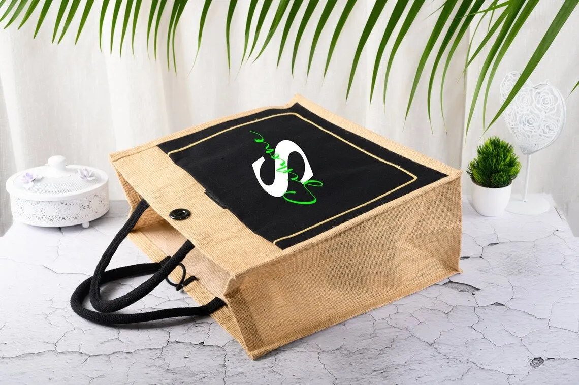 Black Custom Jute Bag With Cotton Pocket