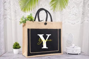 Black Custom Jute Bag With Cotton Pocket