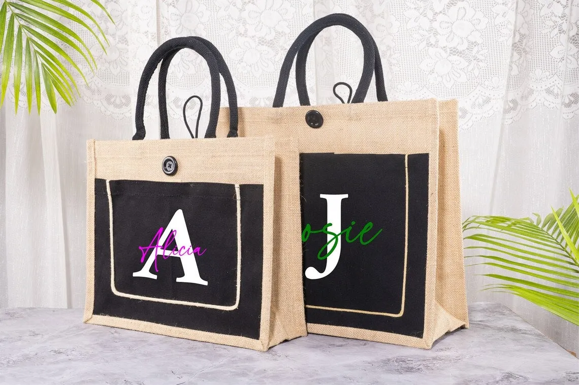 Black Custom Jute Bag With Cotton Pocket