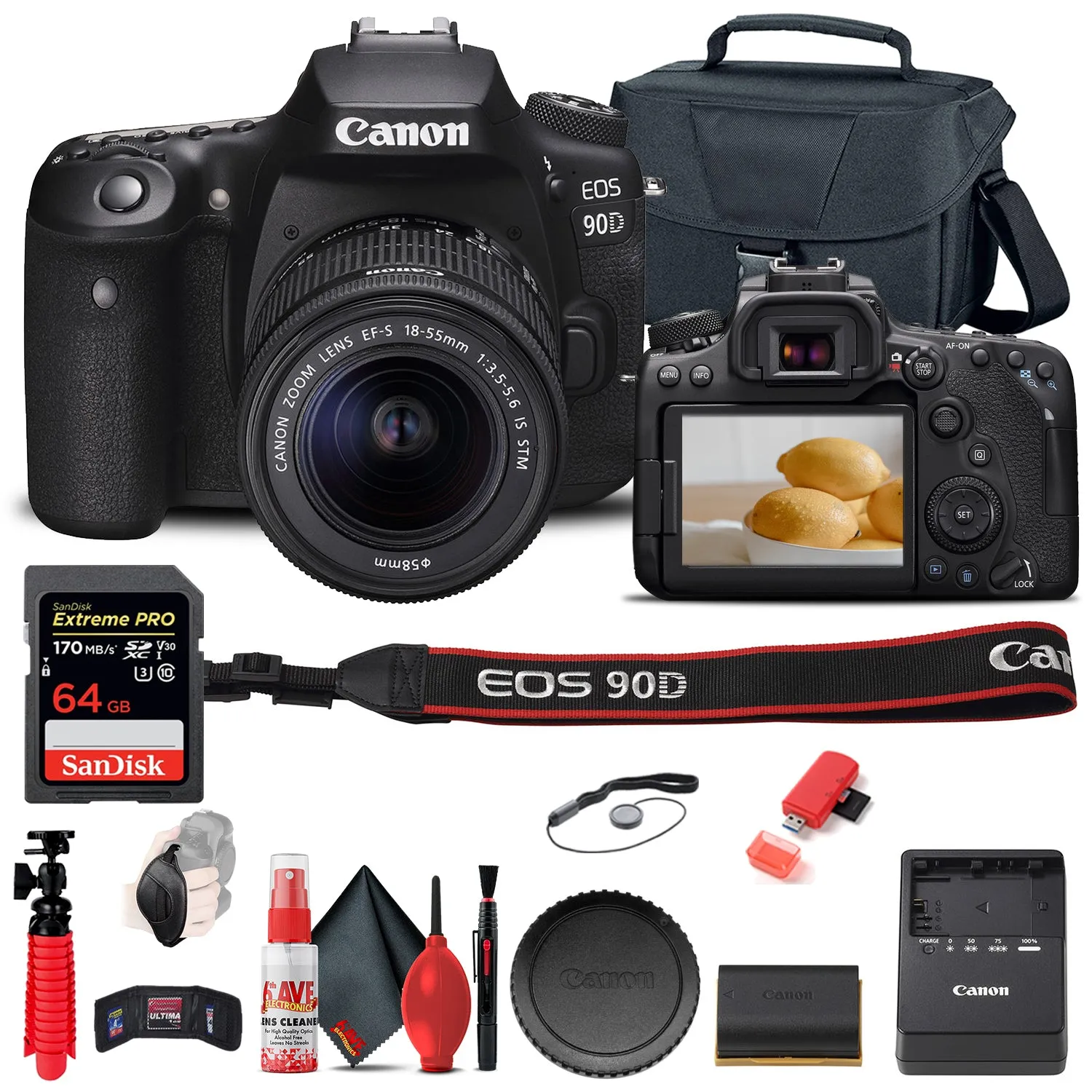 Canon EOS 90D DSLR Camera with 18-55mm Lens (3616C009)   64GB Memory Card   Case