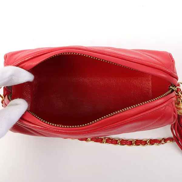 Chanel Around 1985~1990 Made Cc Mark Stitch Fringe Mini Chain Bag Red