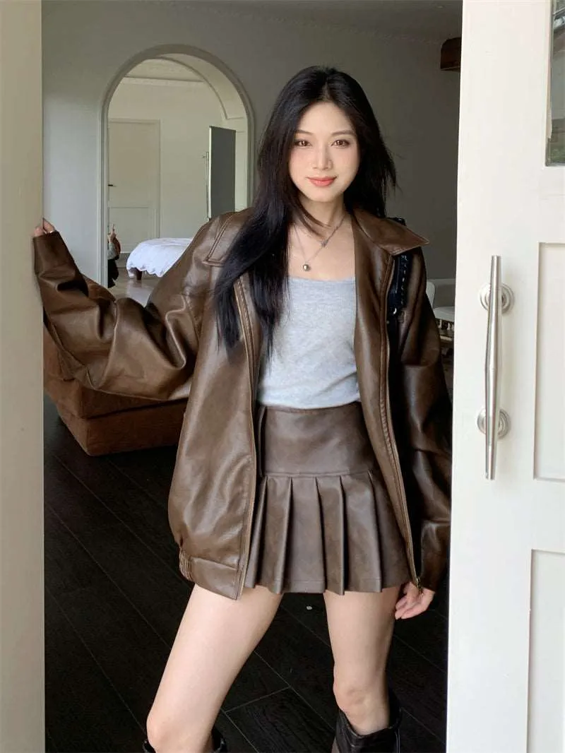 Chic Trendy Winter Brown Black Leather Jacket Skirt Two Piece Set