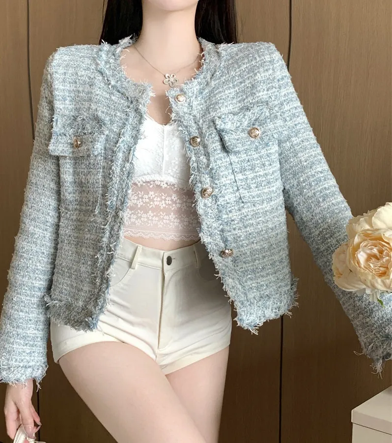 Classy Golden Button White Blue Pink Jacket