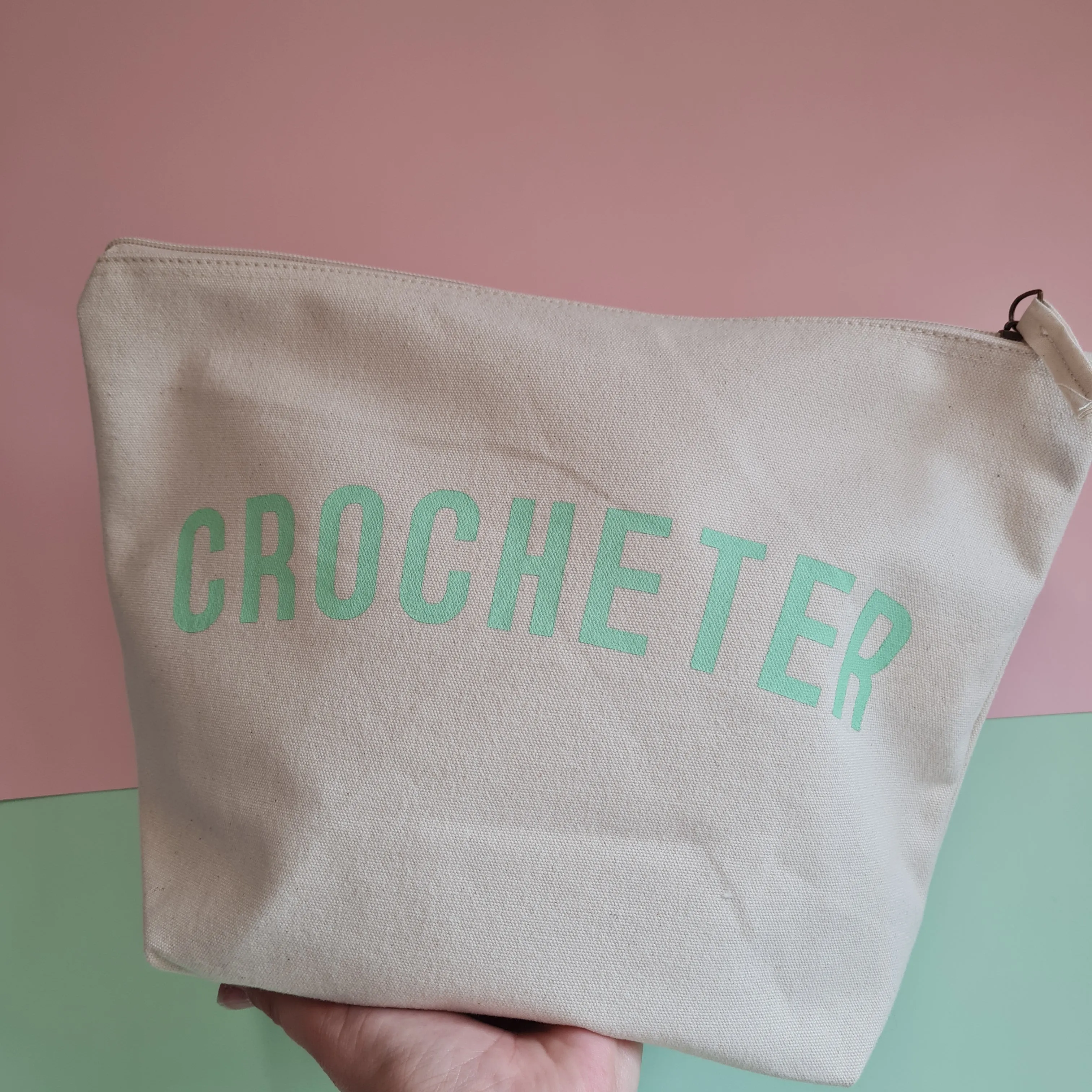 CROCHETER Project Bag - Cotton Zip Up Bag - Pastel Fonts