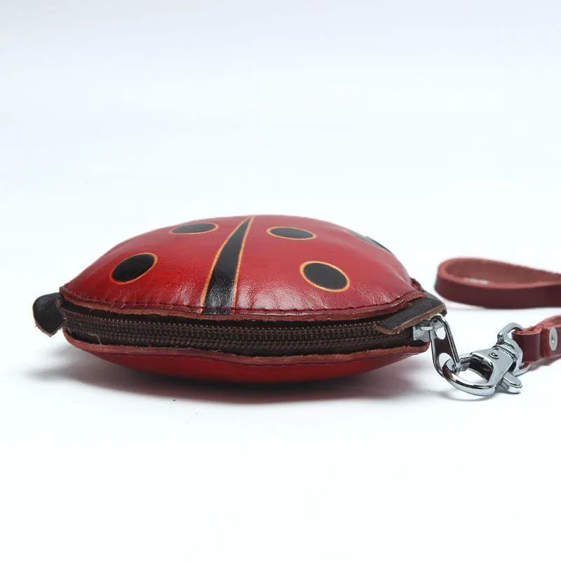 elvesmall Women Genuine Leather Ladybug Pattem Mini Coins Bag Card Holder Coin Purse