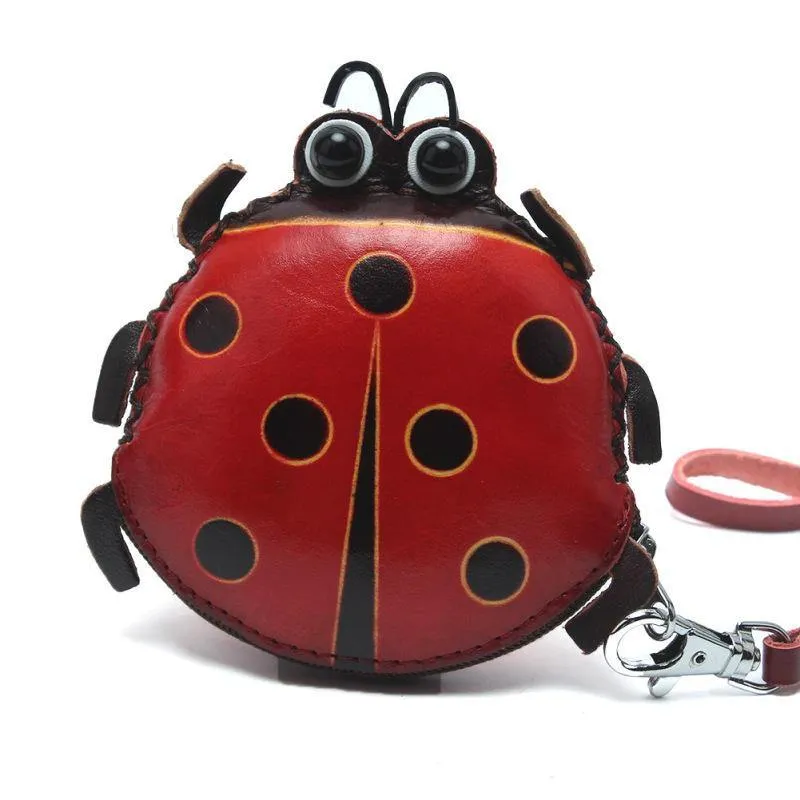 elvesmall Women Genuine Leather Ladybug Pattem Mini Coins Bag Card Holder Coin Purse