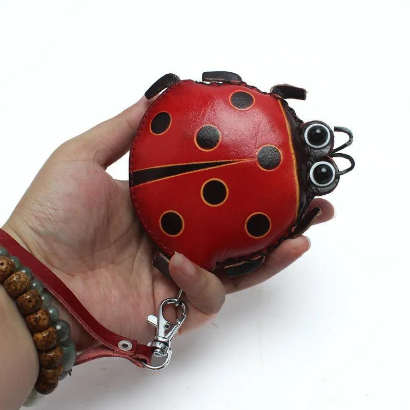 elvesmall Women Genuine Leather Ladybug Pattem Mini Coins Bag Card Holder Coin Purse