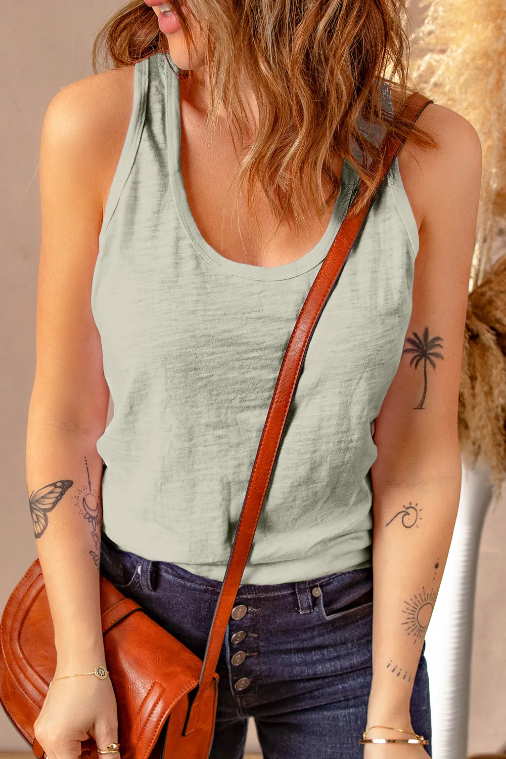 Gray Scoop Neck Basic Solid Tank Top