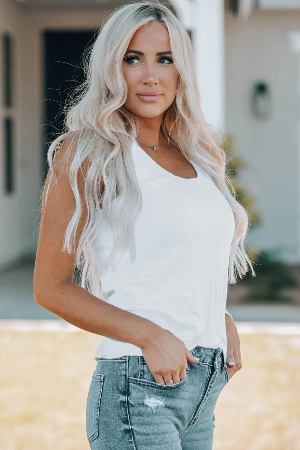 Gray Scoop Neck Basic Solid Tank Top
