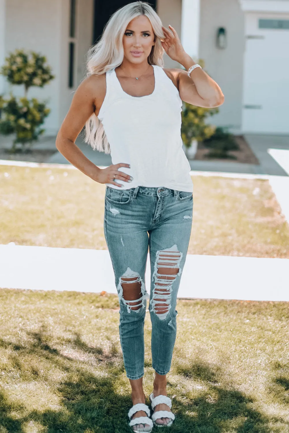 Gray Scoop Neck Basic Solid Tank Top
