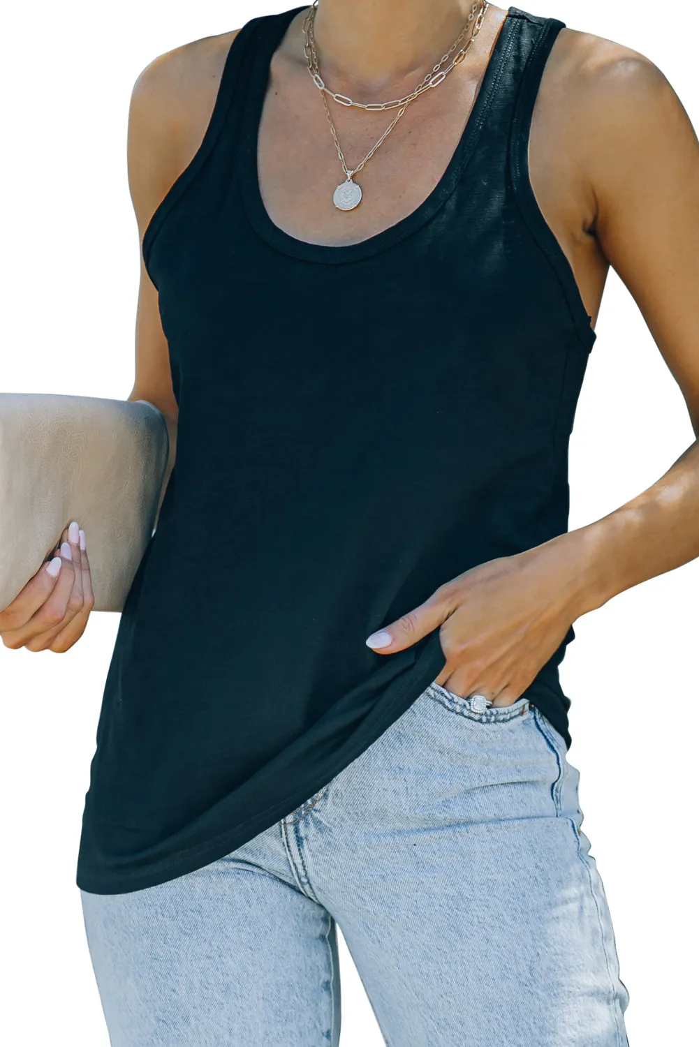 Gray Scoop Neck Basic Solid Tank Top