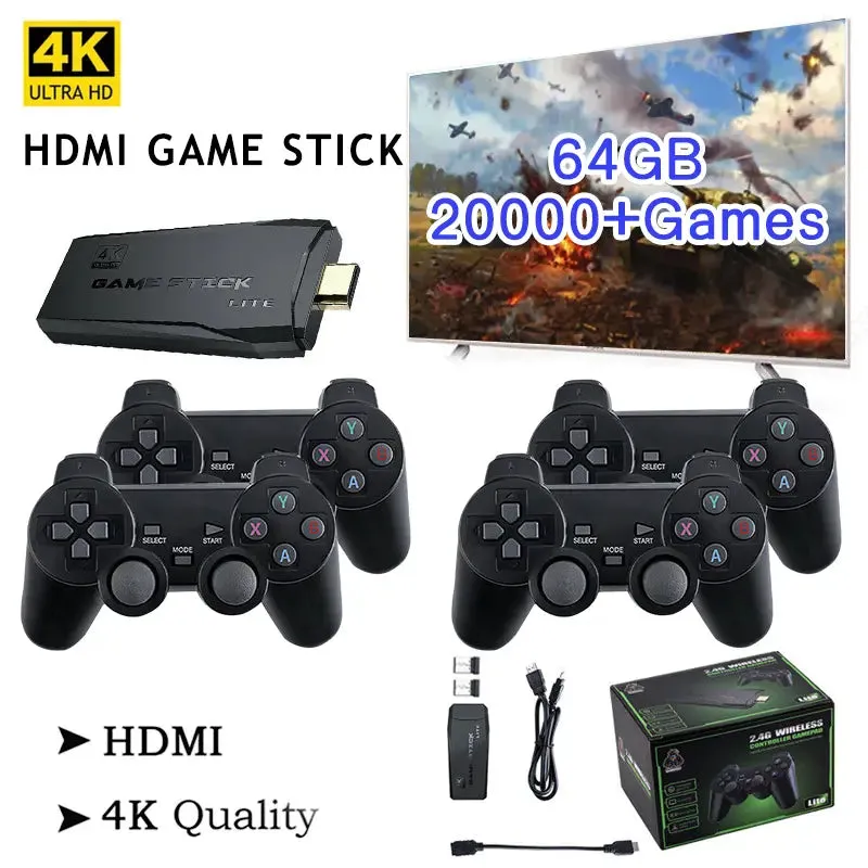 HDMI 4K TV Game Stick Console | 64GB with 20,000  Retro Games & 2 Wireless Gamepads