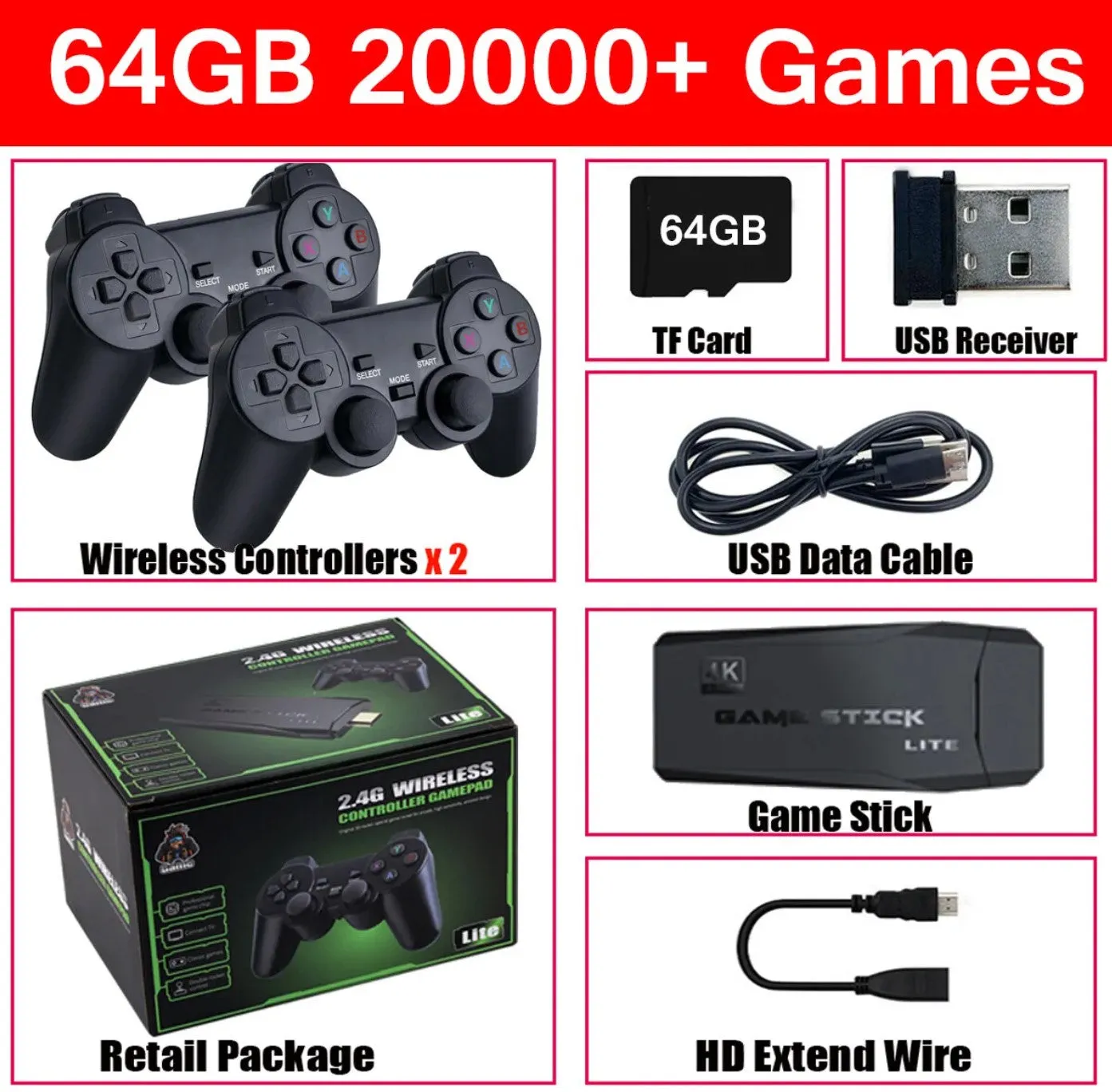 HDMI 4K TV Game Stick Console | 64GB with 20,000  Retro Games & 2 Wireless Gamepads