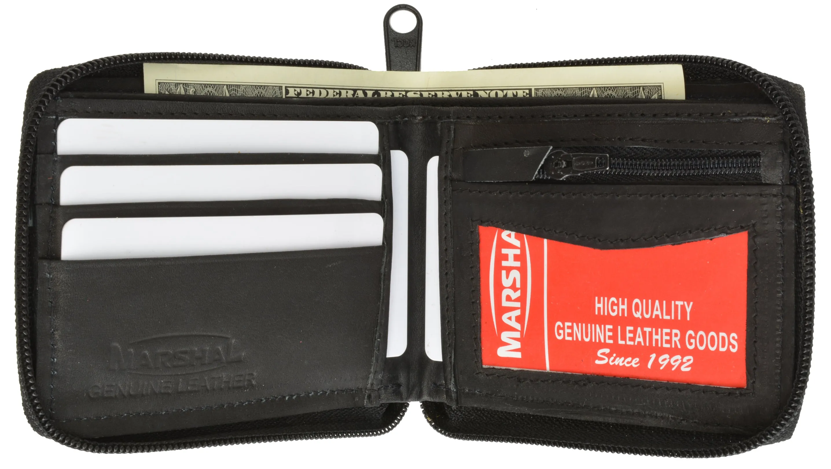 Marshal Genuine Leather Men Zipper Credit Card Holder Removable ID Bifold Wallet