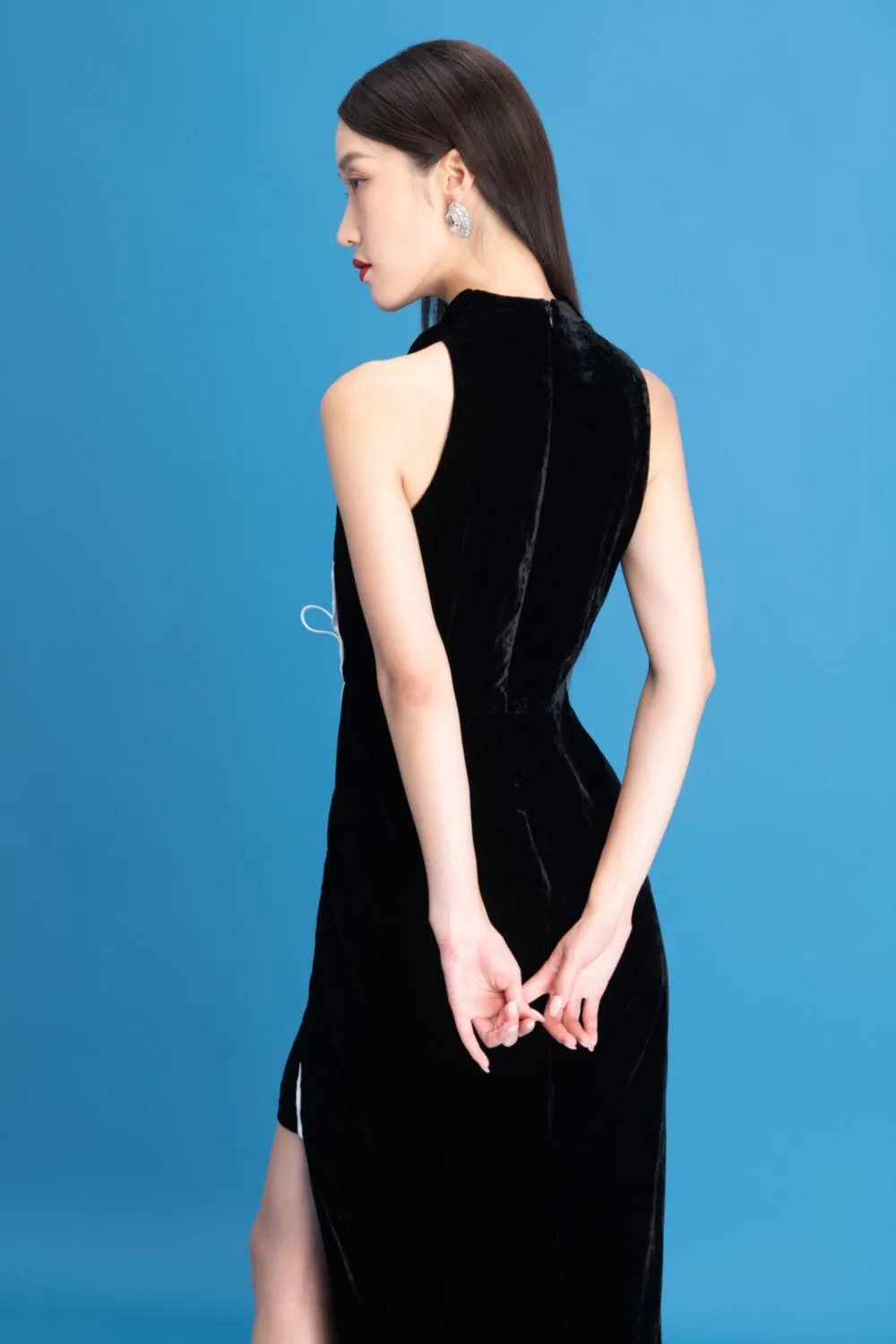 Nova Slit Cowl Neck Velvet Ankle Length Dress