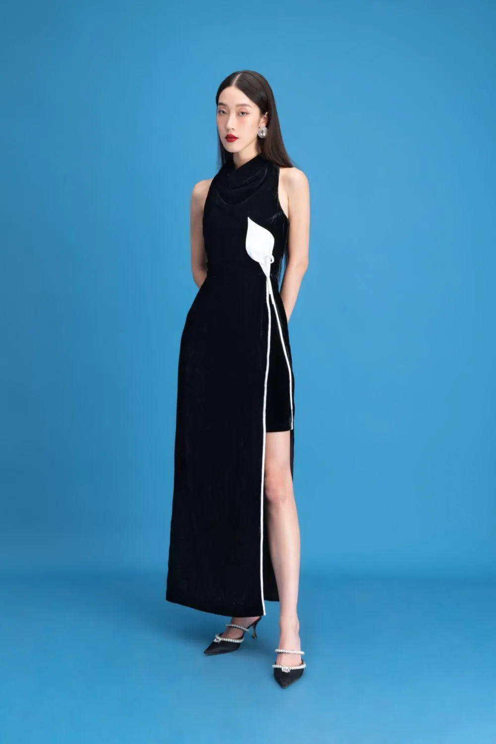 Nova Slit Cowl Neck Velvet Ankle Length Dress