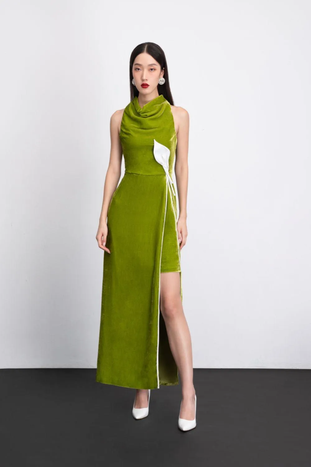 Nova Slit Cowl Neck Velvet Ankle Length Dress