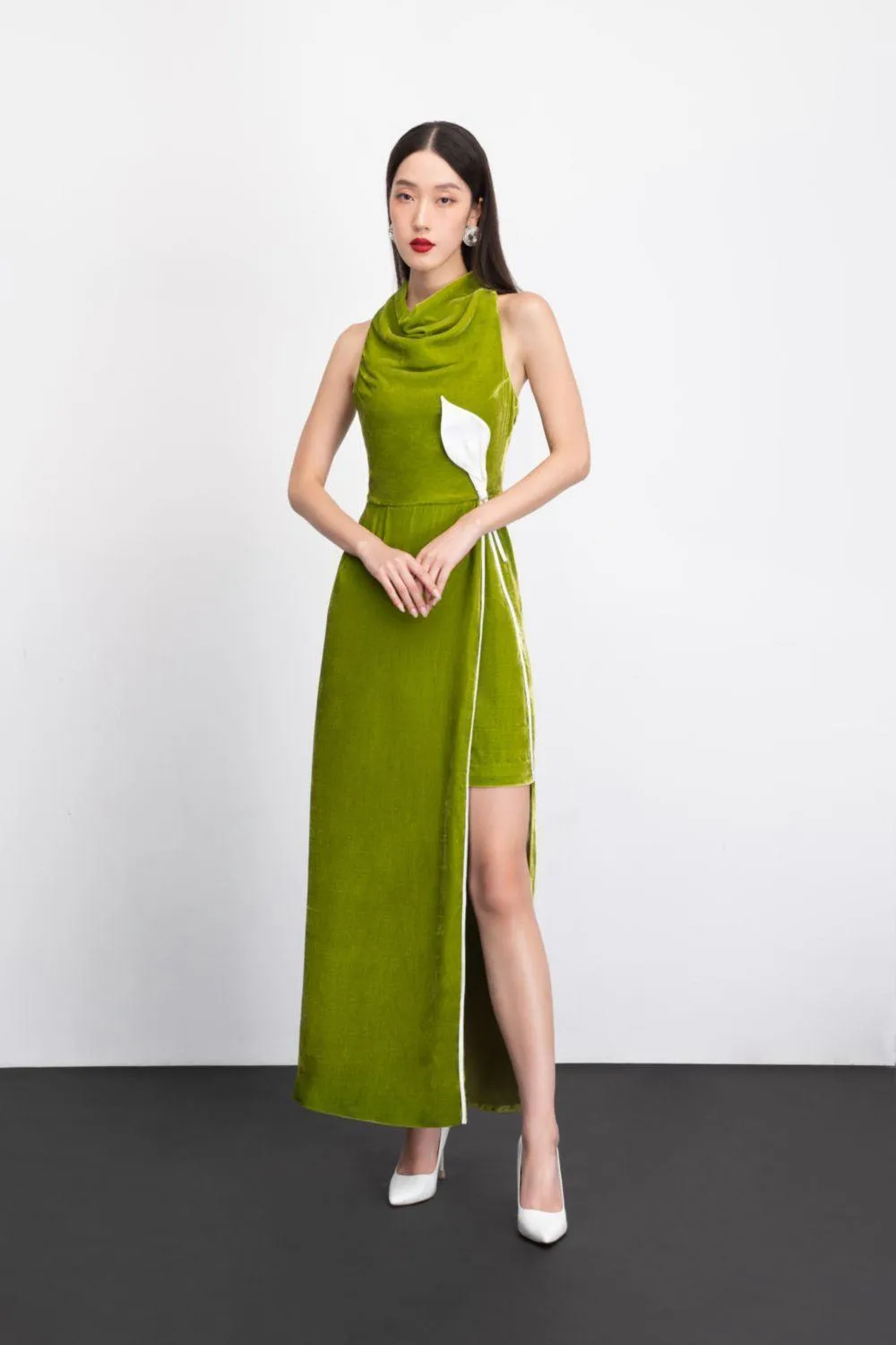 Nova Slit Cowl Neck Velvet Ankle Length Dress