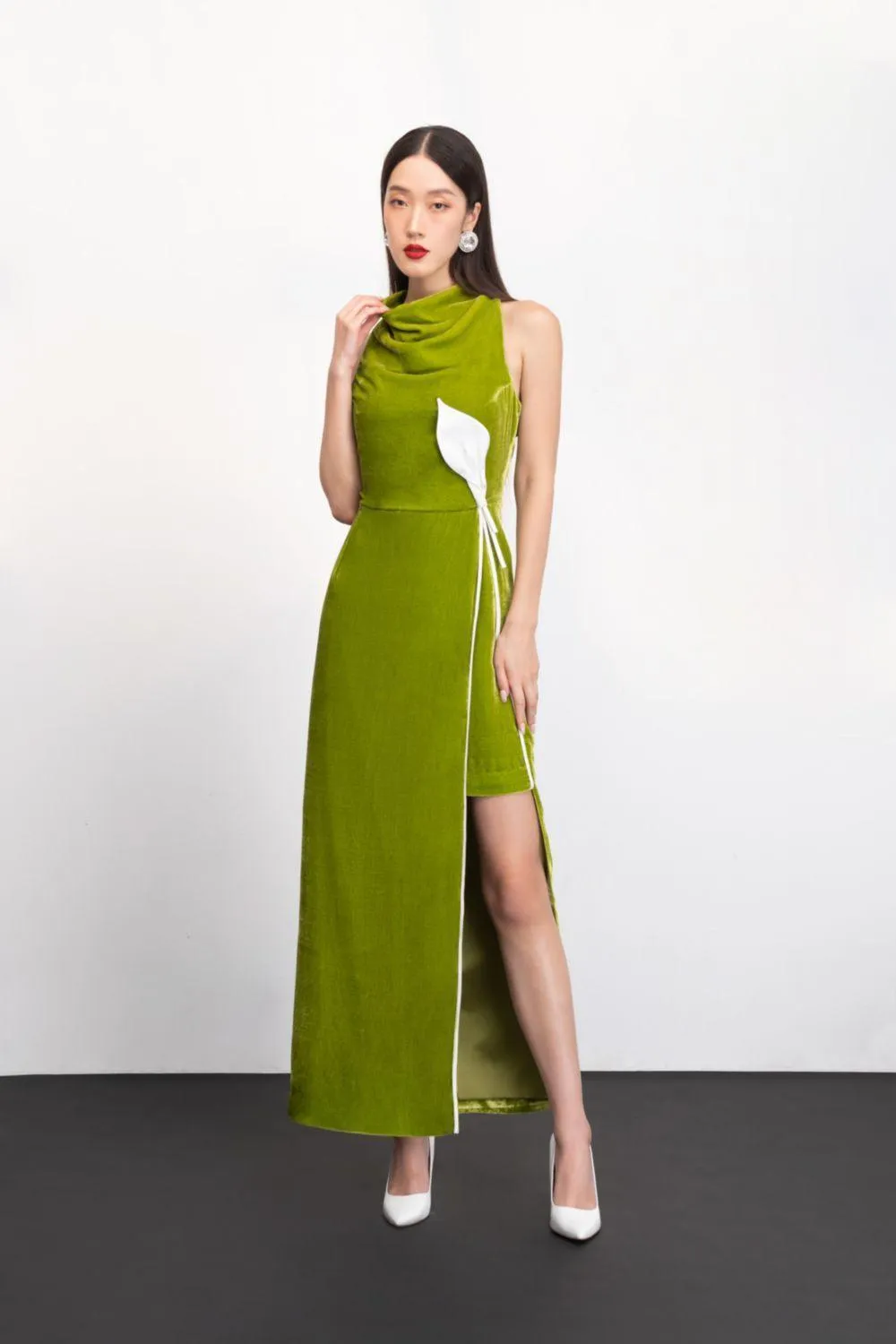 Nova Slit Cowl Neck Velvet Ankle Length Dress