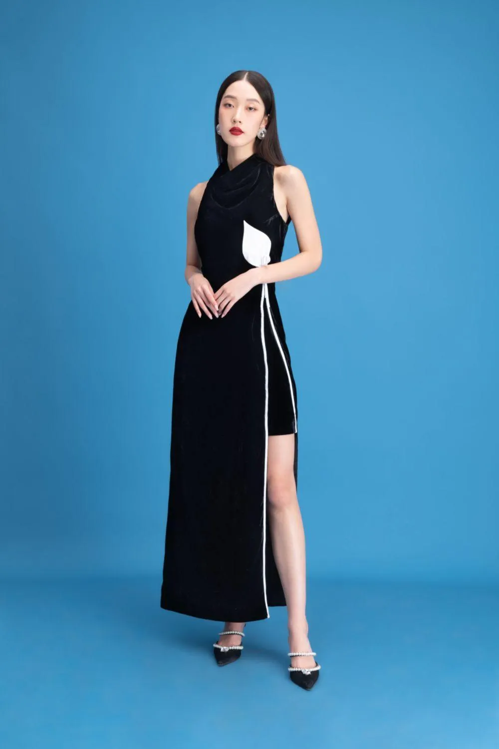Nova Slit Cowl Neck Velvet Ankle Length Dress