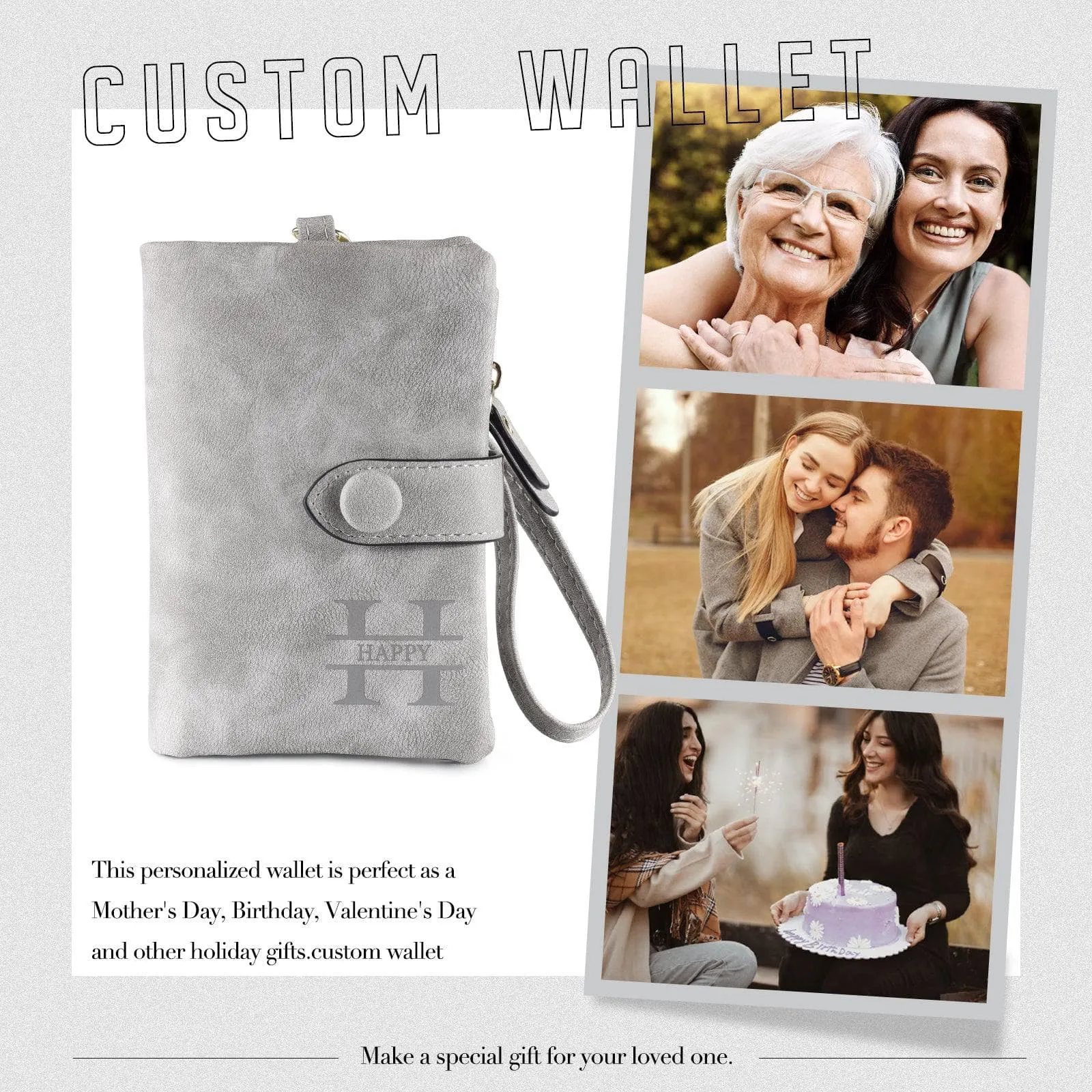 Personalized Women’s Wallet, Custom Grey PU Leather with Monogram Design