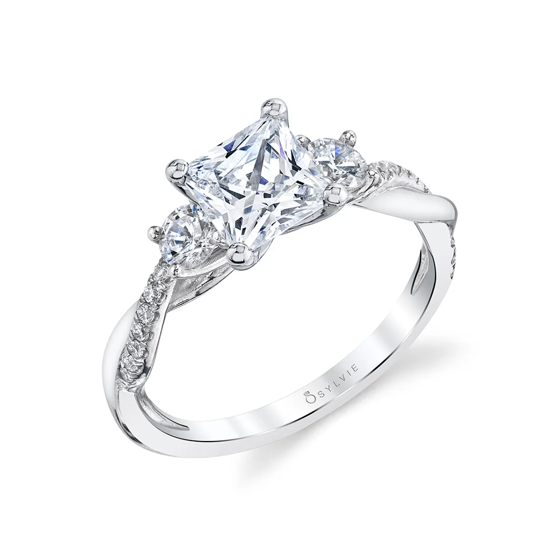 Princess Cut Three Stone Twist Engagement Ring - Evangeline 14k Gold White