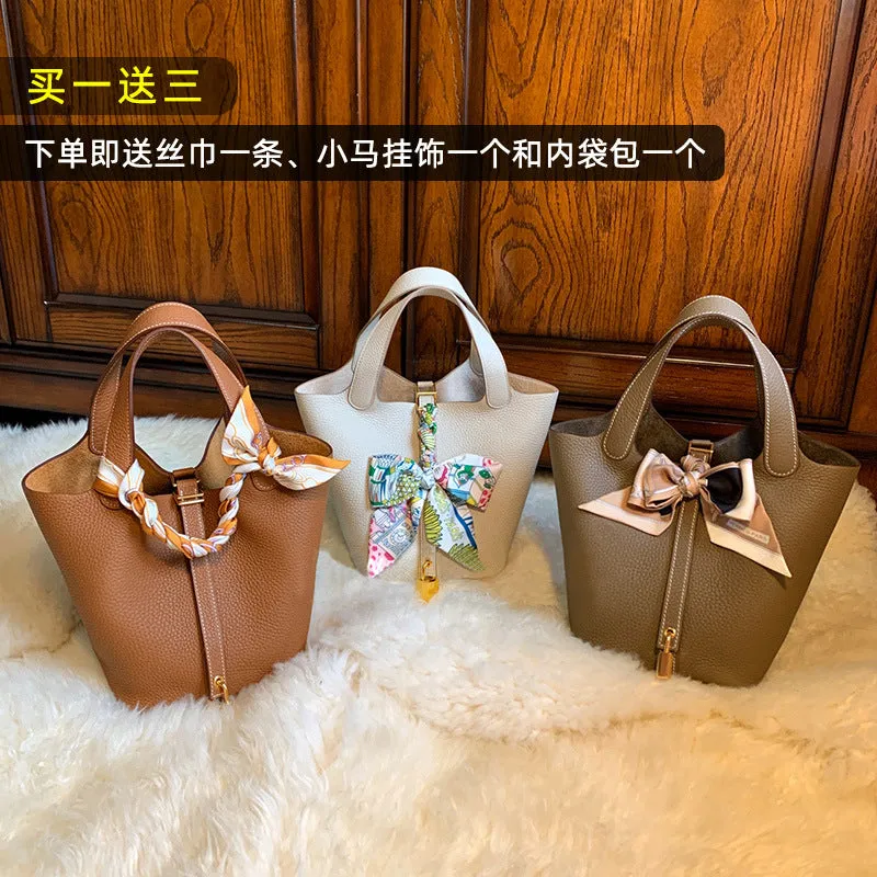 SEALBEER Women's bag 2025 premium sense first layer cowhide vegetable basket women's bag portable mommy bag genuine leather women's bag bucket bag