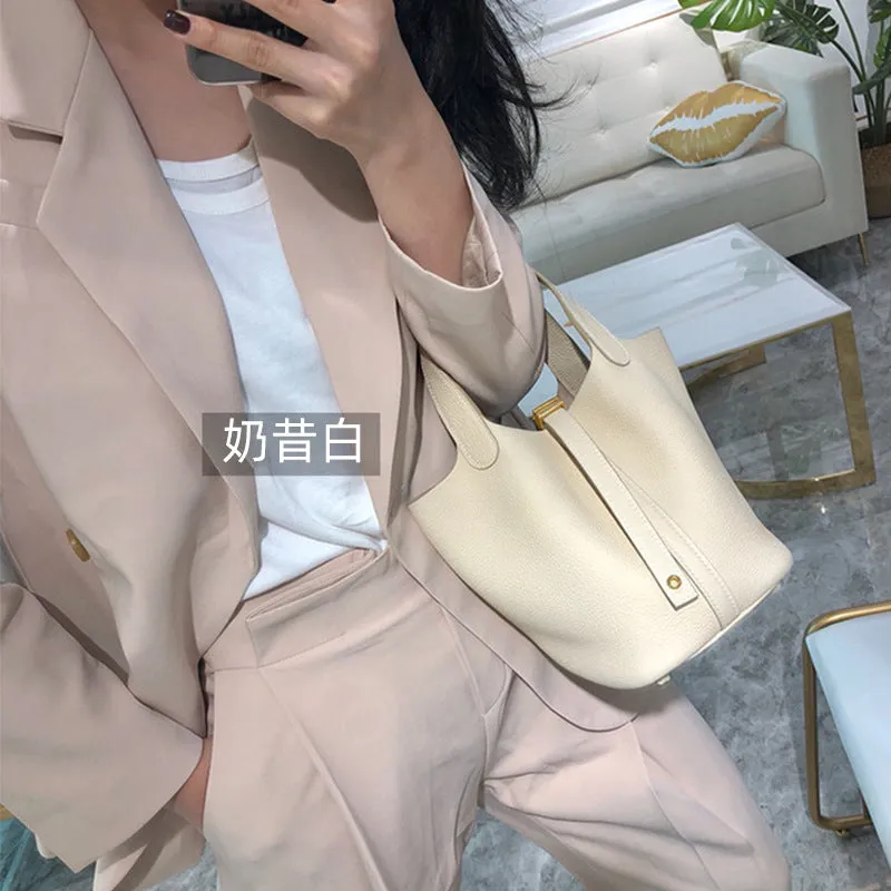 SEALBEER Women's bag 2025 premium sense first layer cowhide vegetable basket women's bag portable mommy bag genuine leather women's bag bucket bag