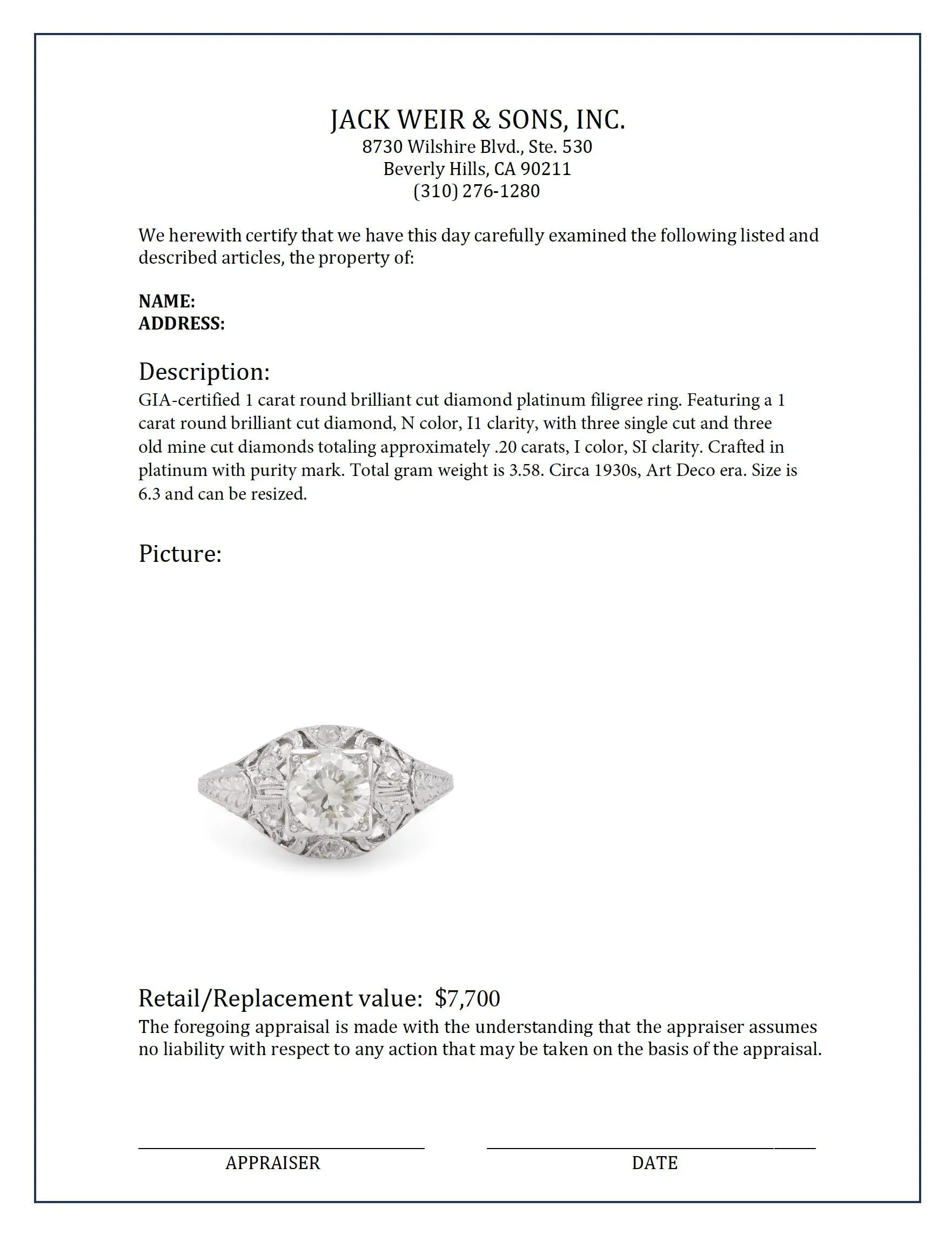 Sparkling GIA 1 carat round brilliant cut diamond platinum filigree ring
