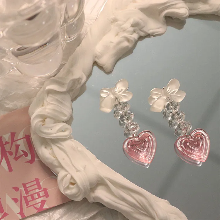 Sweet Baby Girl Heart Bow Crystal Earrings