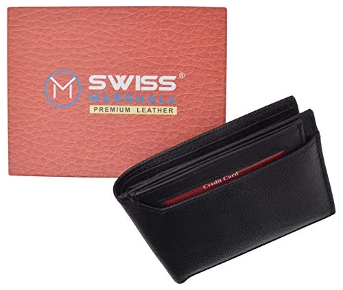 Swiss Marshall Men's RFID Premium Leather Bifold Black Wallet W/Removable Card ID Holder