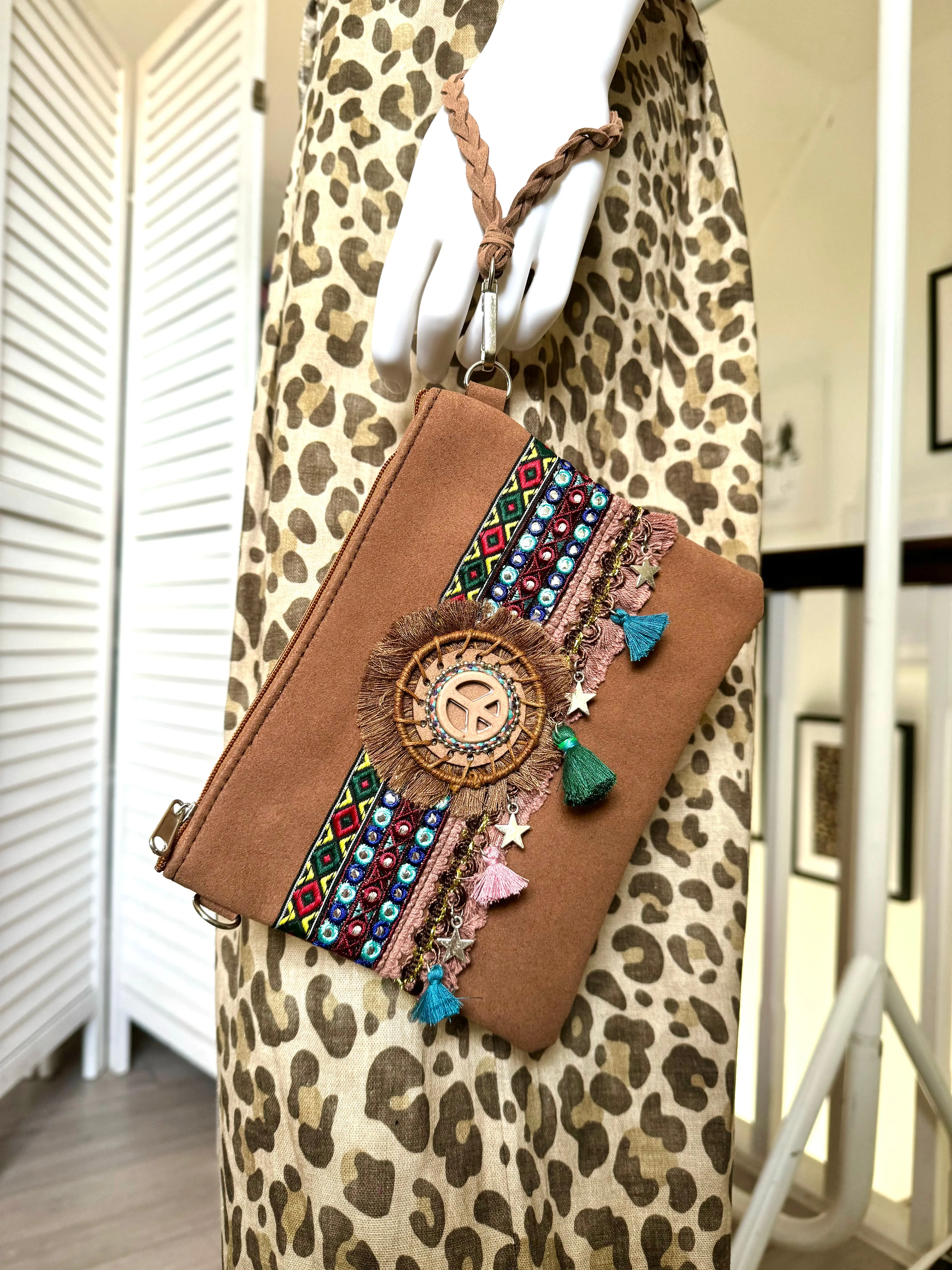 Tan Peace Mini Cross Body Bag
