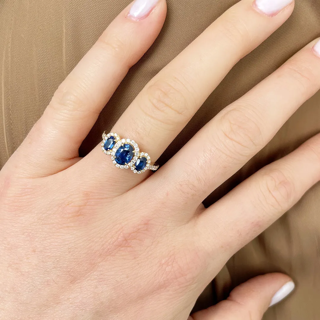 Three-Stone Oval Sapphire & Diamond Halo 14K Yellow Gold Ring