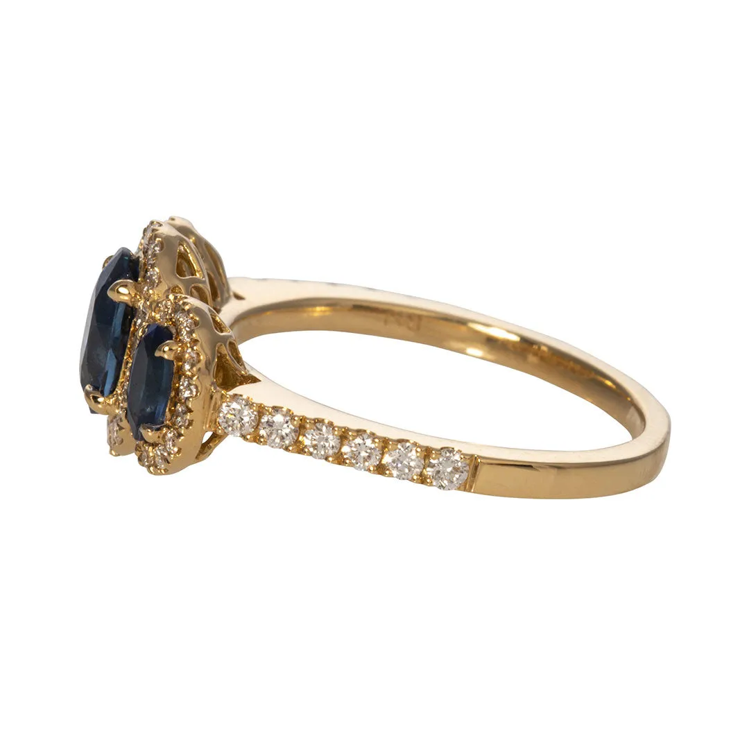 Three-Stone Oval Sapphire & Diamond Halo 14K Yellow Gold Ring