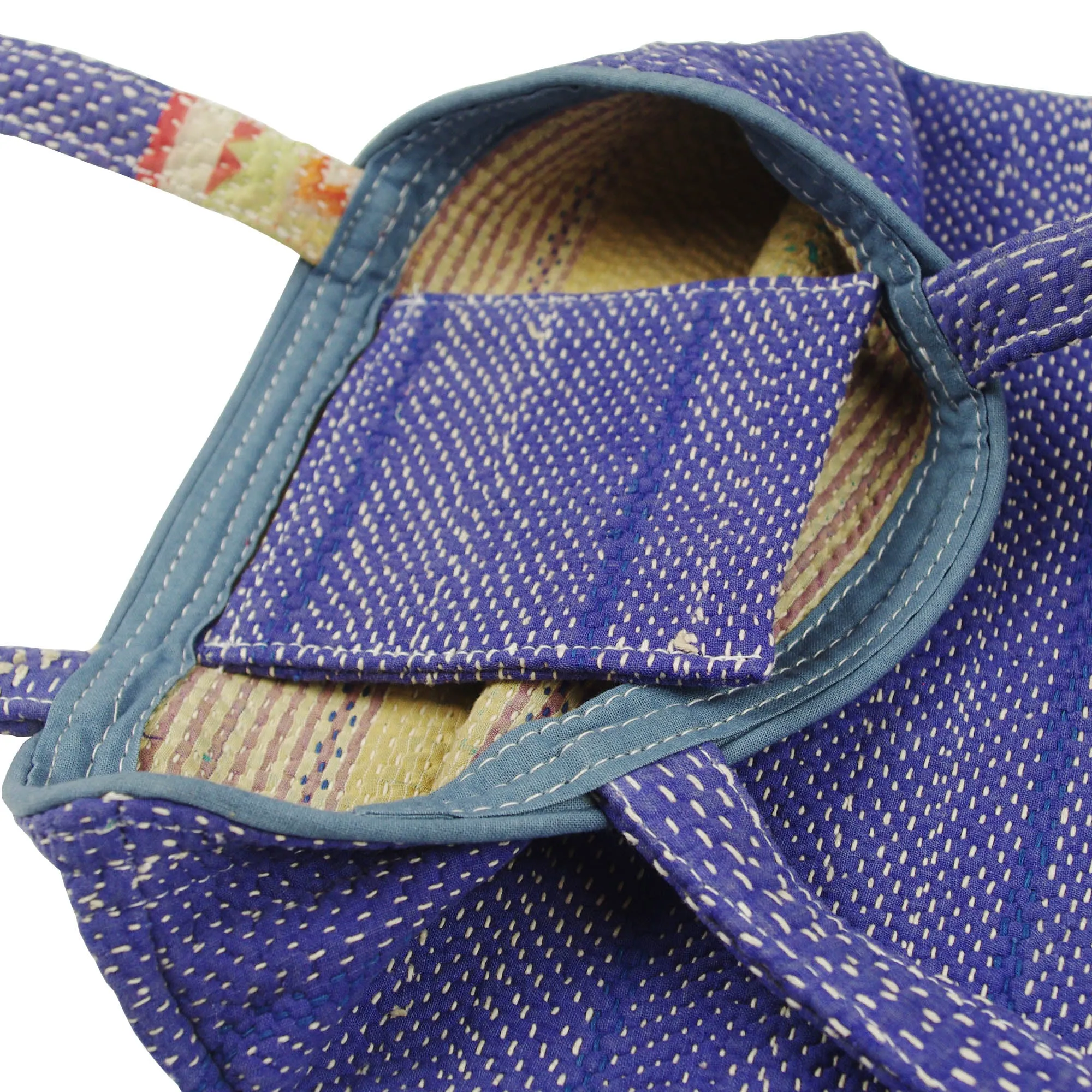 Vintage Fine Kantha Stitched Cotton Tote Bag- Dark Blue