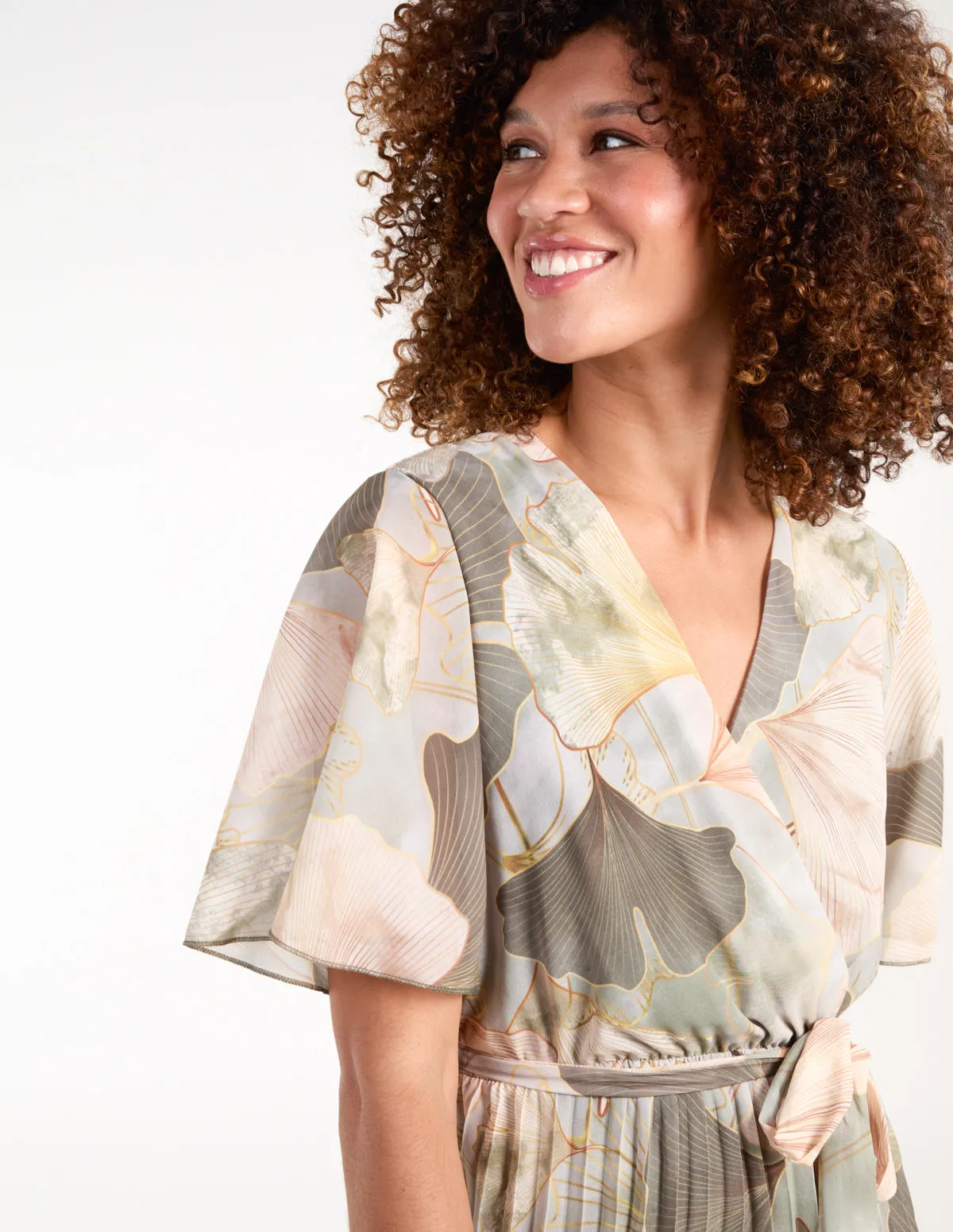 Watercolour Shell Print Pleated Crossover Dress