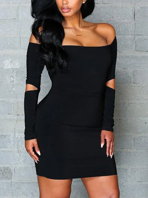 Wholesale Black Off The Shoulder Long Sleeve Plain Bodycon Mini Dress